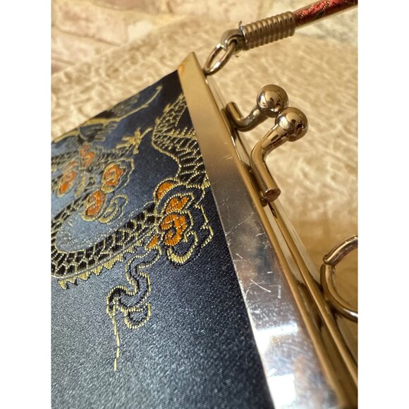 Mini Tiny Vintage Black Satin Brocade Evening Purse Metal Handle & Clasp Closure - Picture 16 of 16